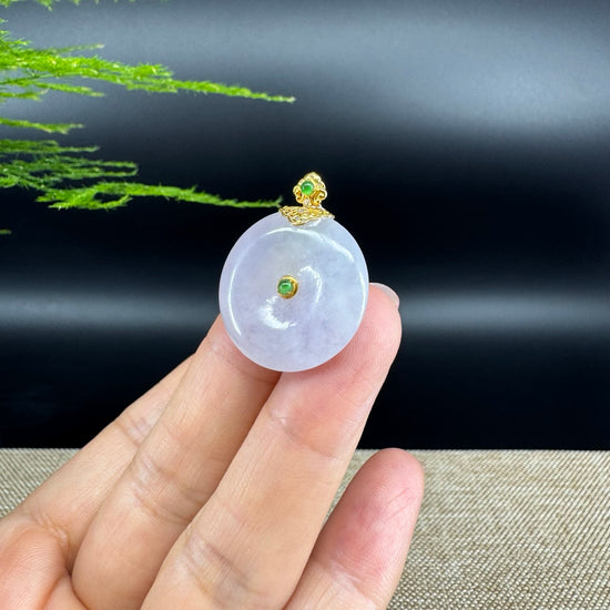 "Good Luck Button" Lavender Jadeite Jade Lucky KouKou Pendant With 18K Yellow Gold  Bail