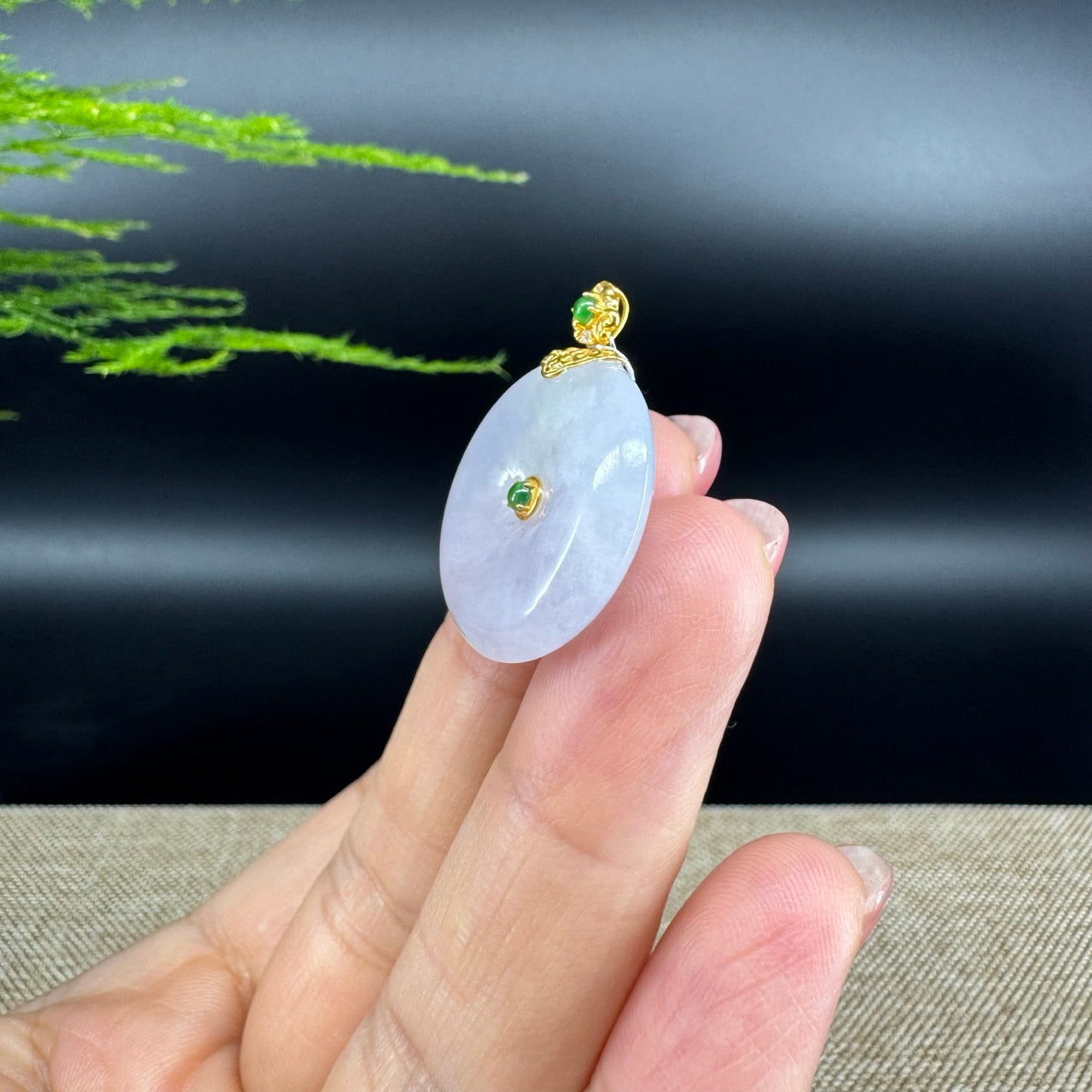 "Good Luck Button" Lavender Jadeite Jade Lucky KouKou Pendant With 18K Yellow Gold  Bail