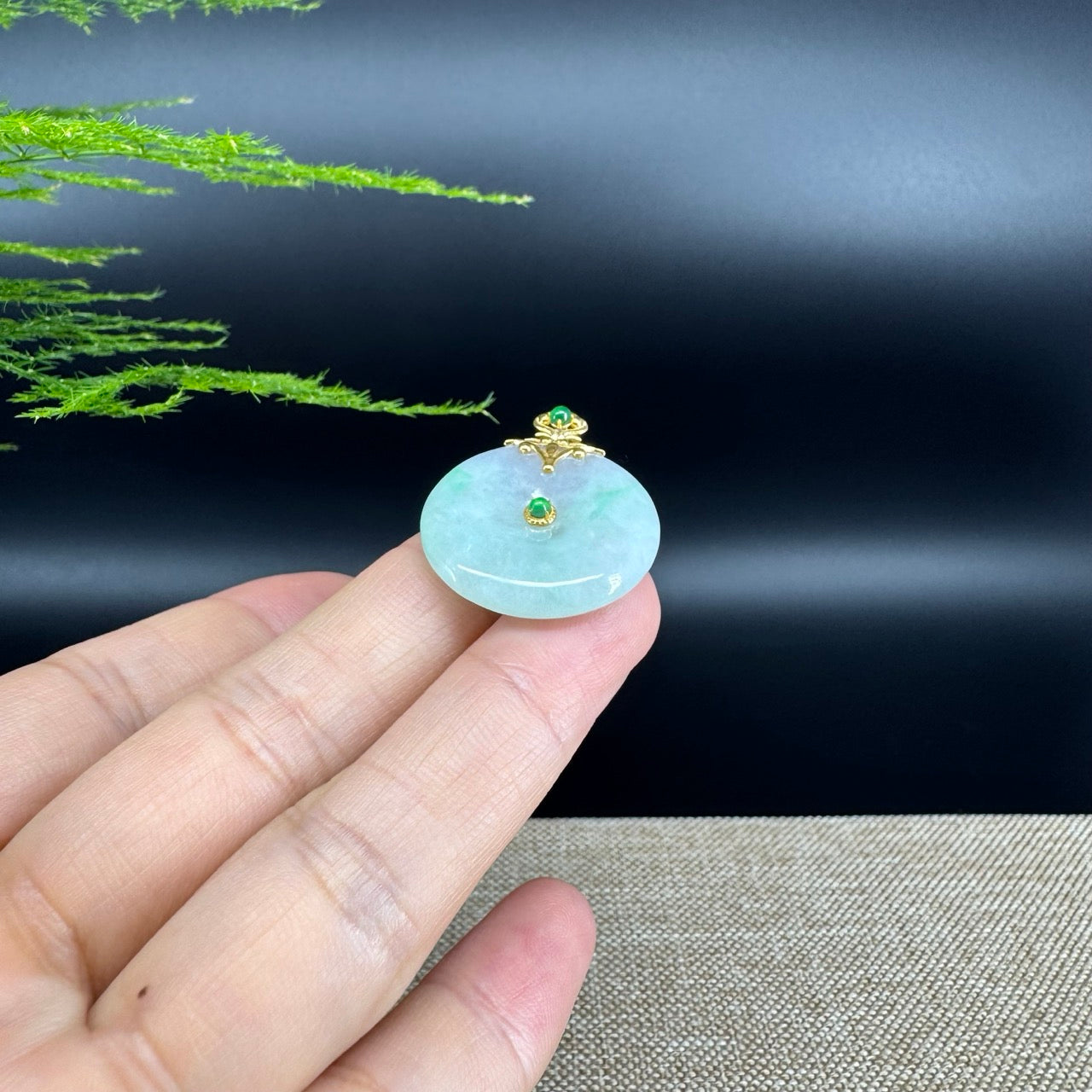 "Good Luck Button" Green Jadeite Jade Lucky KouKou Pendant With 18K Yellow Gold Diamond Bail