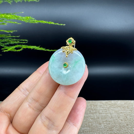 "Good Luck Button" Green Jadeite Jade Lucky KouKou Pendant With 18K Yellow Gold Diamond Bail