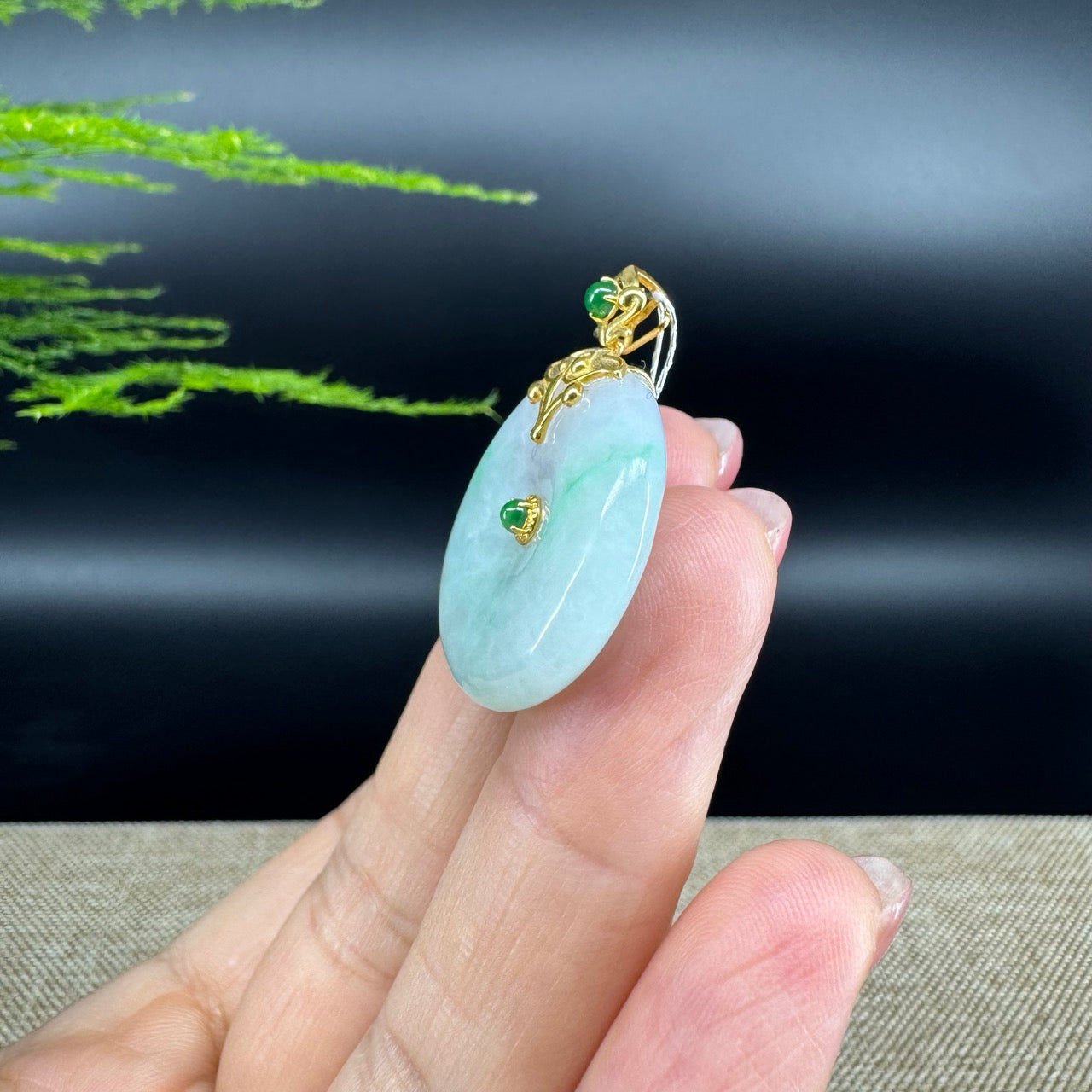 "Good Luck Button" Green Jadeite Jade Lucky KouKou Pendant With 18K Yellow Gold Diamond Bail