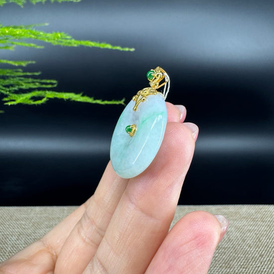"Good Luck Button" Green Jadeite Jade Lucky KouKou Pendant With 18K Yellow Gold Diamond Bail