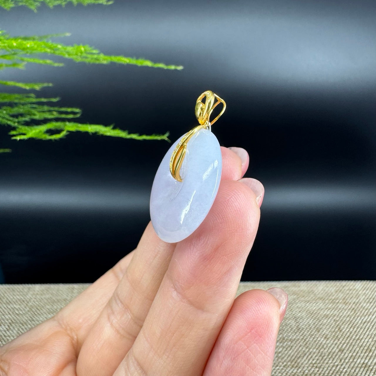 "Good Luck Button" Lavender Jadeite Jade Lucky KouKou Pendant With 18K Rose Gold Diamond Bail