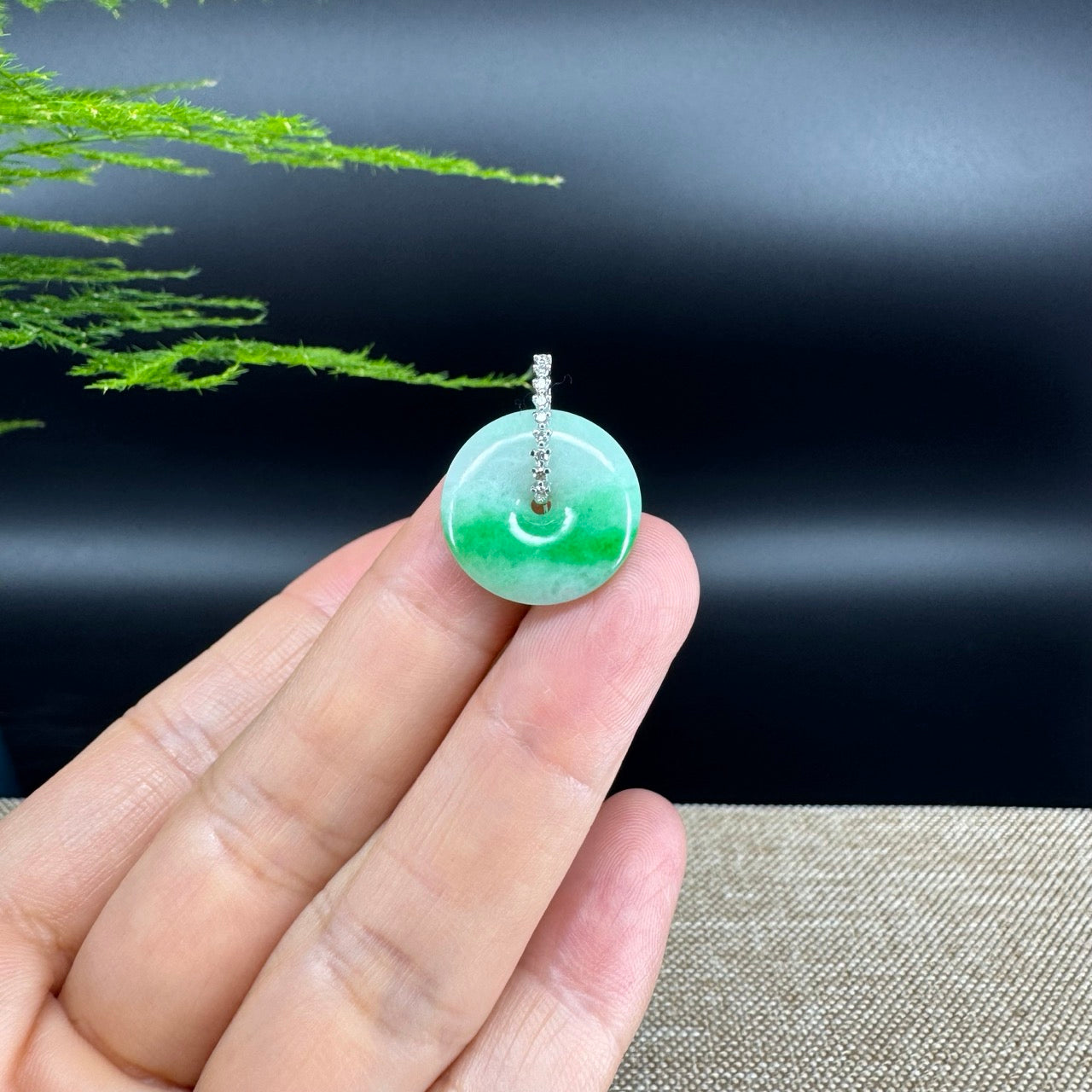 "Good Luck Button" Green Jadeite Jade Lucky KouKou Pendant With 18K White Gold Diamond Bail