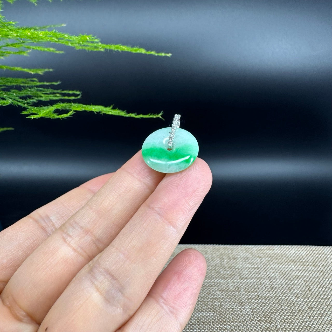 "Good Luck Button" Green Jadeite Jade Lucky KouKou Pendant With 18K White Gold Diamond Bail