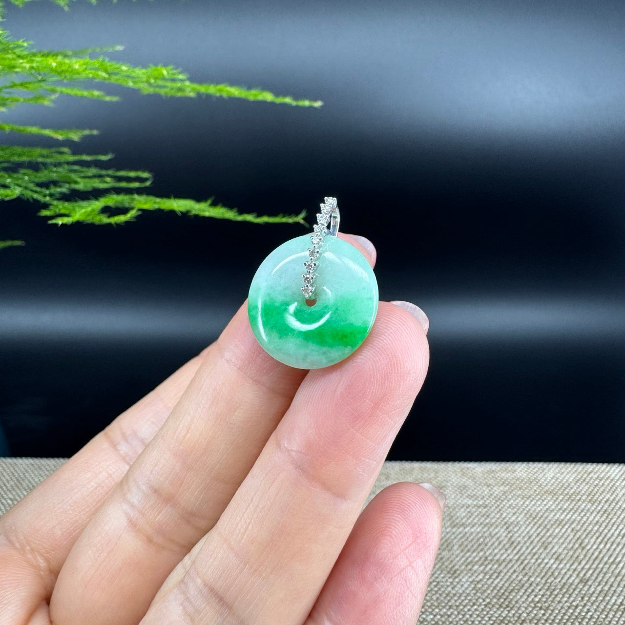 "Good Luck Button" Green Jadeite Jade Lucky KouKou Pendant With 18K White Gold Diamond Bail