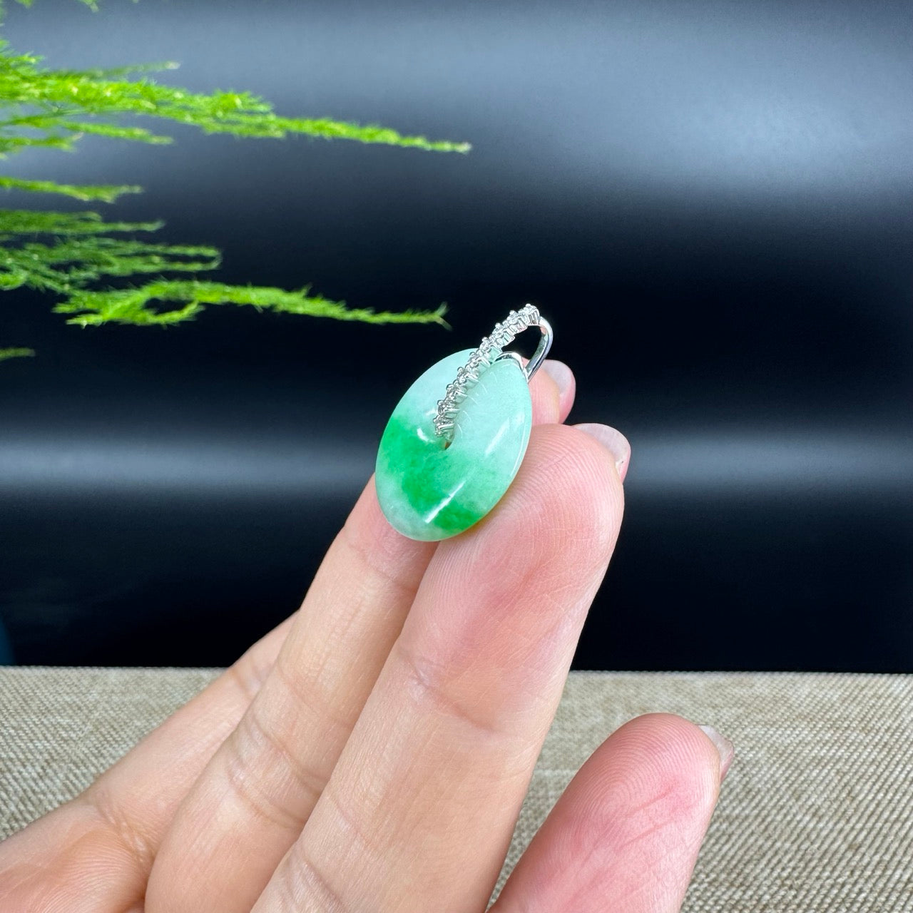 "Good Luck Button" Green Jadeite Jade Lucky KouKou Pendant With 18K White Gold Diamond Bail