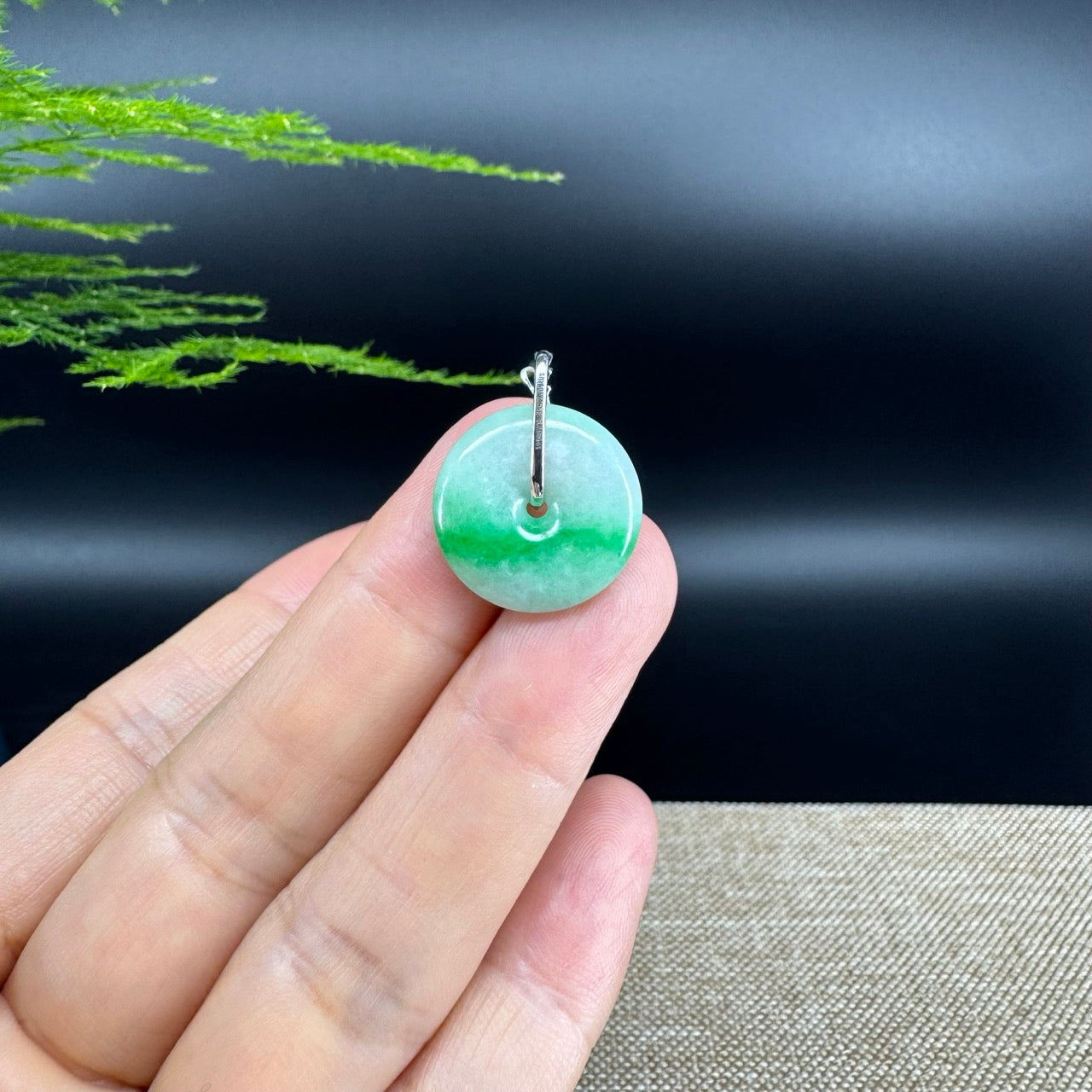 "Good Luck Button" Green Jadeite Jade Lucky KouKou Pendant With 18K White Gold Diamond Bail