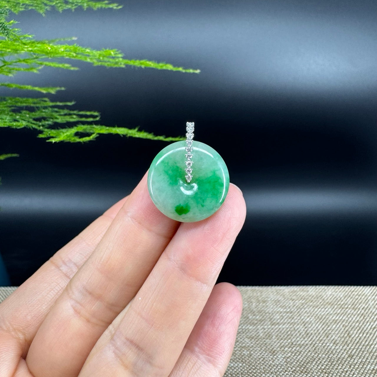 "Good Luck Button" Green Jadeite Jade Lucky KouKou Pendant With 18K White Gold Diamond Bail