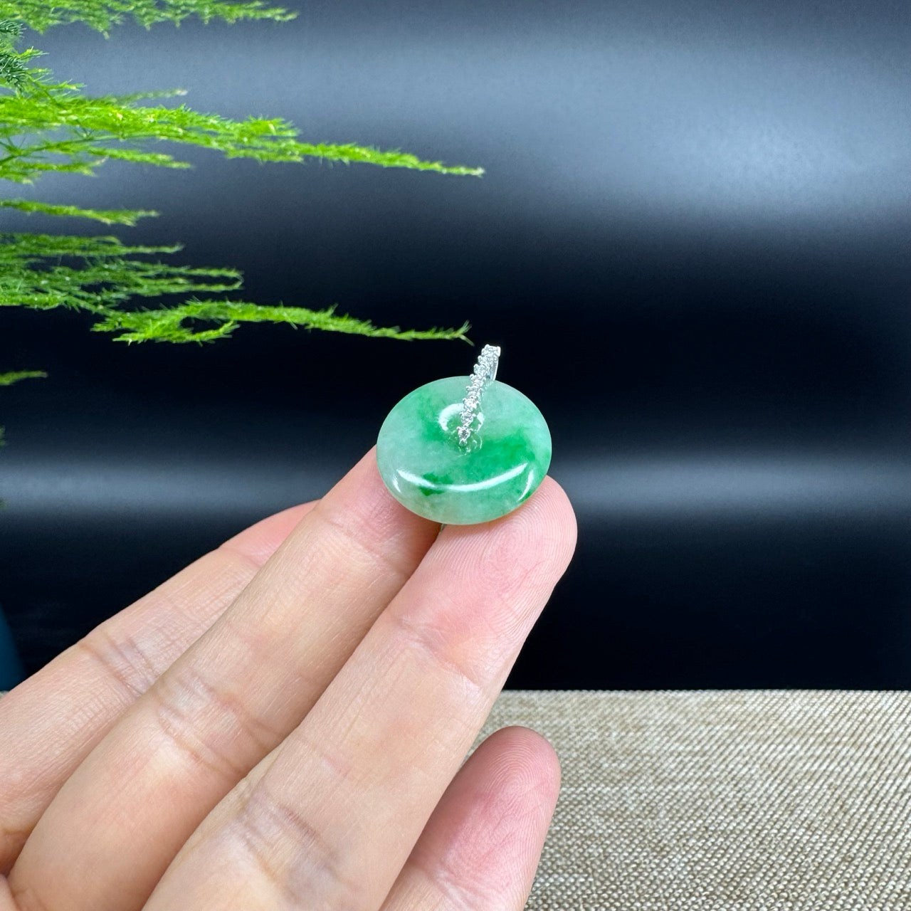 "Good Luck Button" Green Jadeite Jade Lucky KouKou Pendant With 18K White Gold Diamond Bail