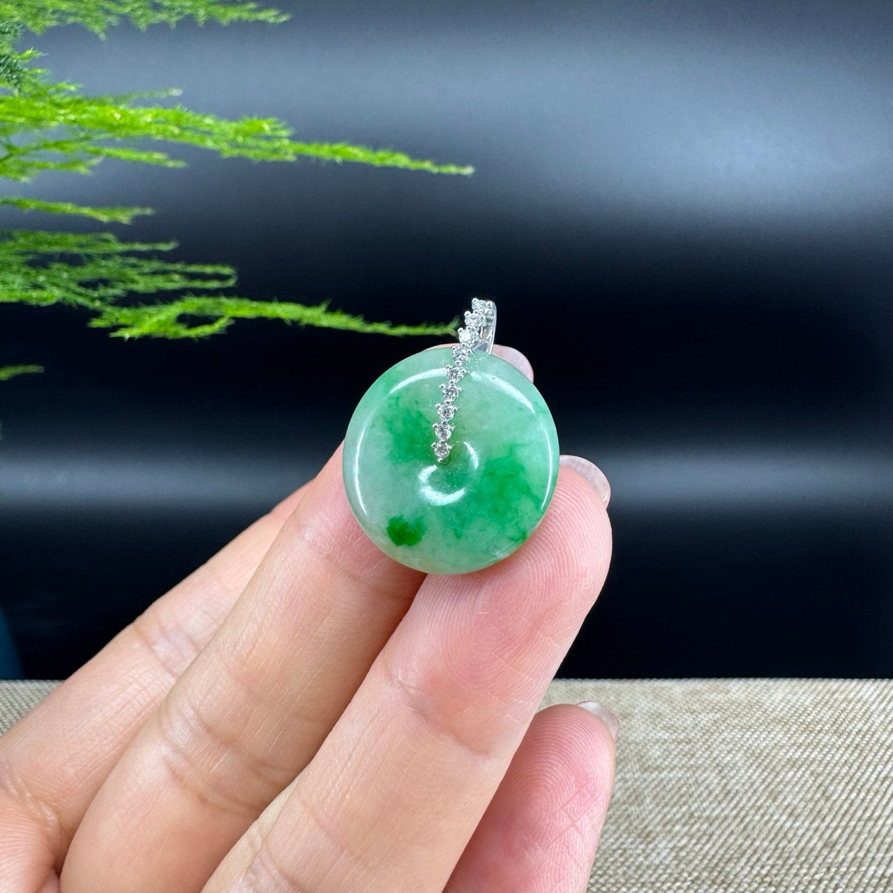 "Good Luck Button" Green Jadeite Jade Lucky KouKou Pendant With 18K White Gold Diamond Bail