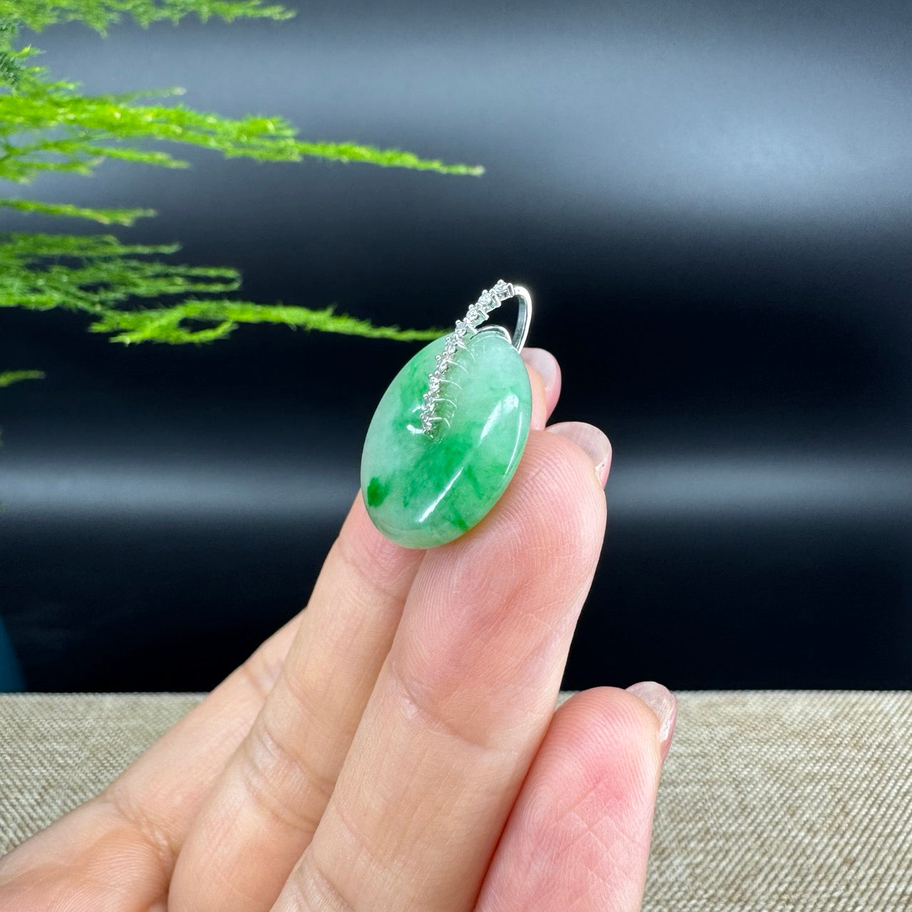 "Good Luck Button" Green Jadeite Jade Lucky KouKou Pendant With 18K White Gold Diamond Bail