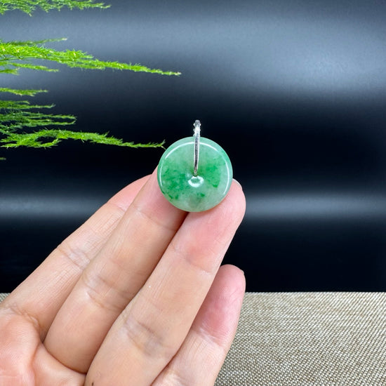"Good Luck Button" Green Jadeite Jade Lucky KouKou Pendant With 18K White Gold Diamond Bail