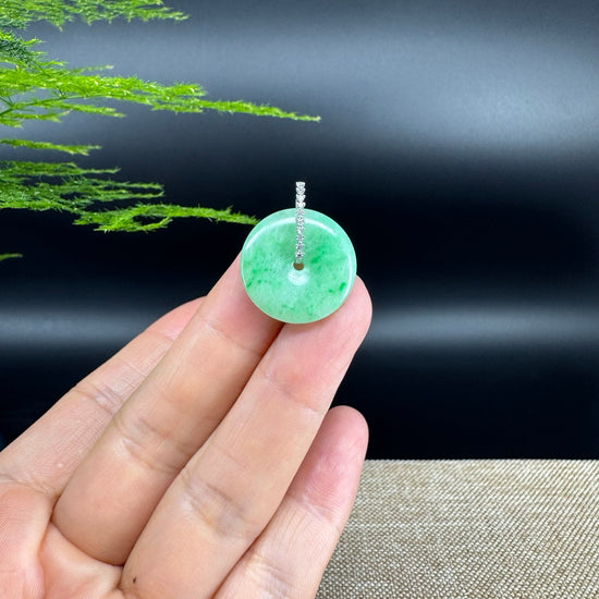 "Good Luck Button" Green Jadeite Jade Lucky KouKou Pendant With 18K White Gold Diamond Bail