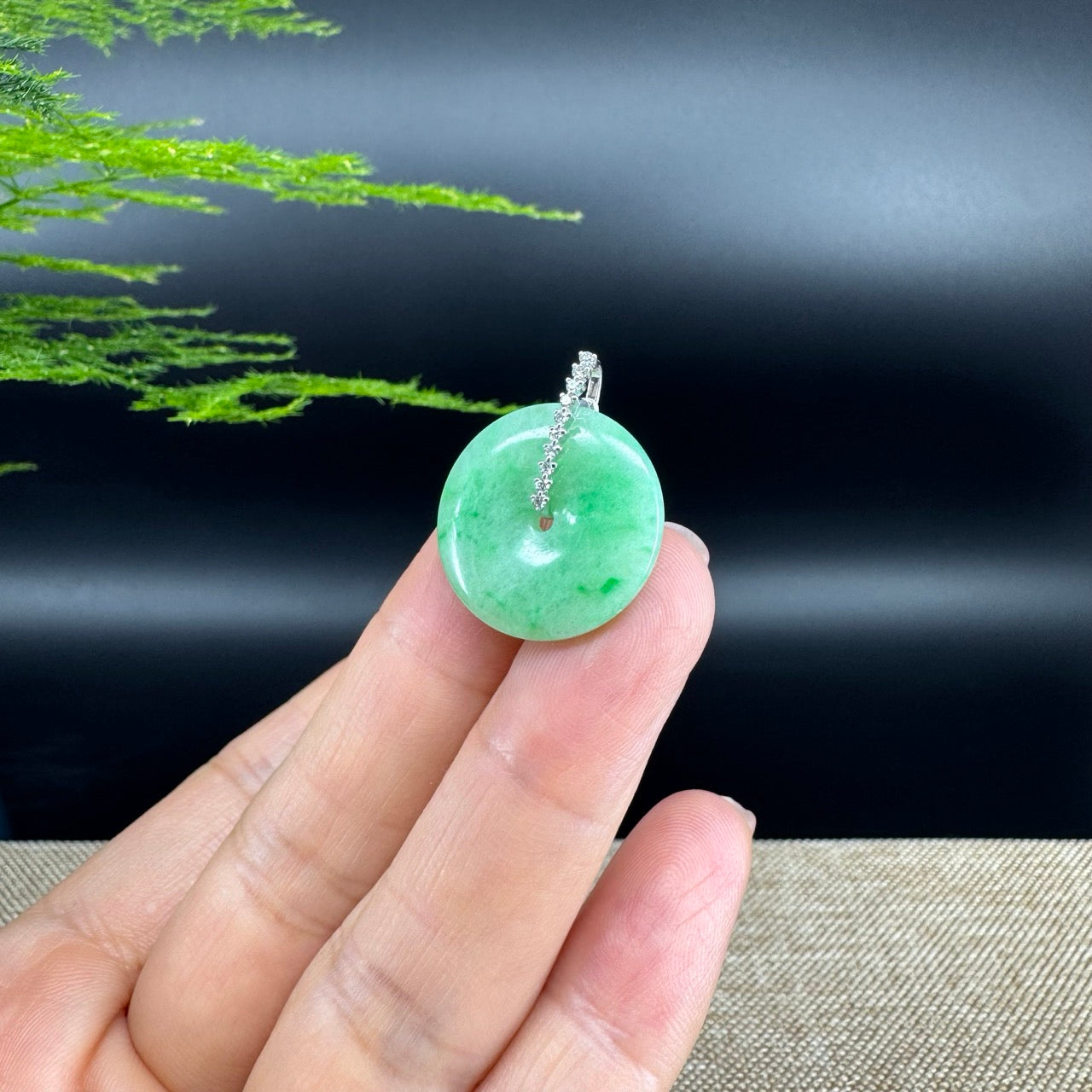 "Good Luck Button" Green Jadeite Jade Lucky KouKou Pendant With 18K White Gold Diamond Bail