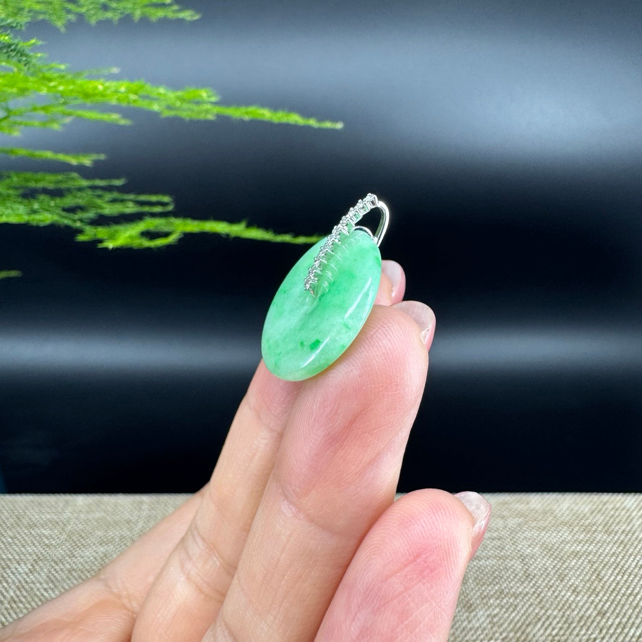 "Good Luck Button" Green Jadeite Jade Lucky KouKou Pendant With 18K White Gold Diamond Bail