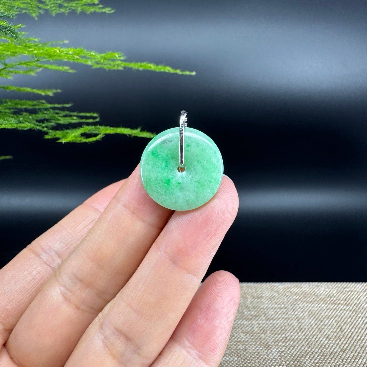 "Good Luck Button" Green Jadeite Jade Lucky KouKou Pendant With 18K White Gold Diamond Bail