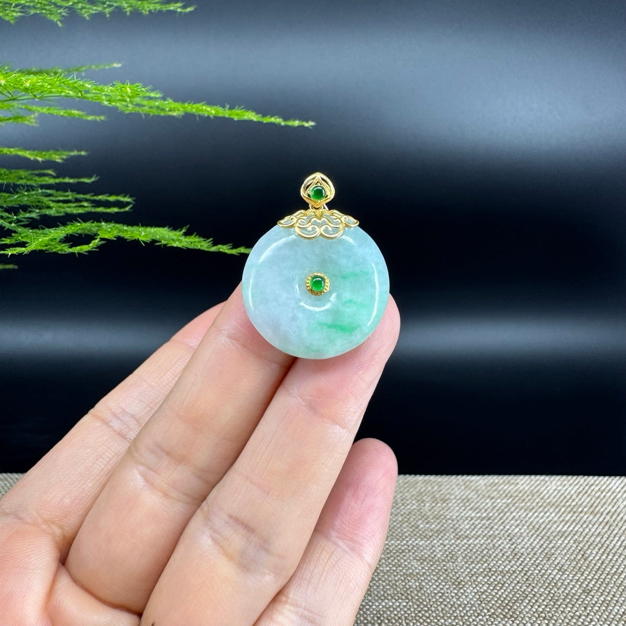 "Good Luck Button" Green Jadeite Jade Lucky KouKou Pendant With 18K Yellow Gold Diamond Bail