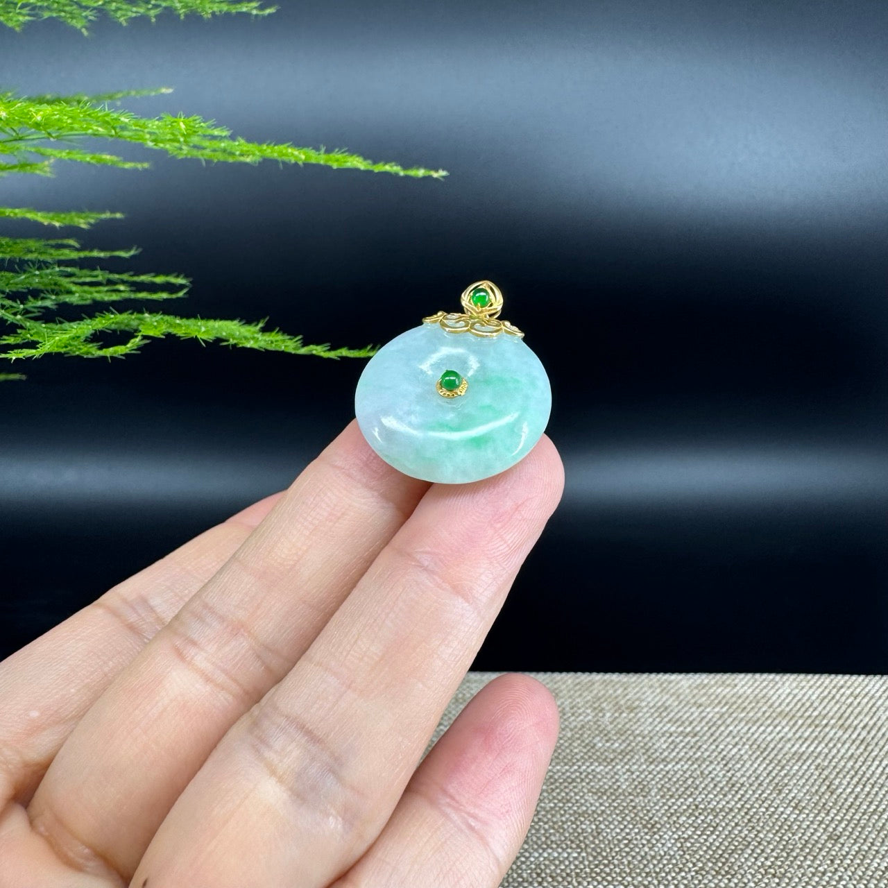 "Good Luck Button" Green Jadeite Jade Lucky KouKou Pendant With 18K Yellow Gold Diamond Bail