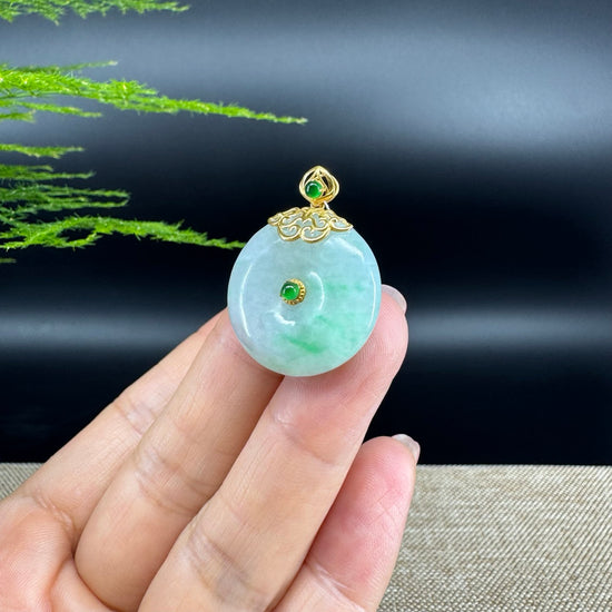 "Good Luck Button" Green Jadeite Jade Lucky KouKou Pendant With 18K Yellow Gold Diamond Bail