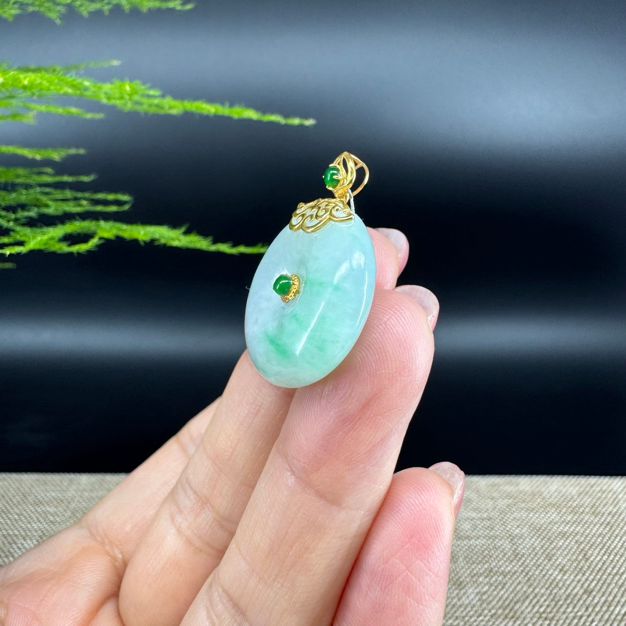 "Good Luck Button" Green Jadeite Jade Lucky KouKou Pendant With 18K Yellow Gold Diamond Bail
