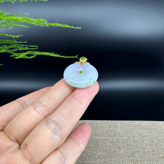 "Good Luck Button" Lavender Green Jadeite Jade Lucky KouKou Pendant With 18K Yellow Gold  Bail