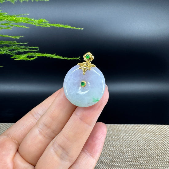 "Good Luck Button" Lavender Green Jadeite Jade Lucky KouKou Pendant With 18K Yellow Gold  Bail