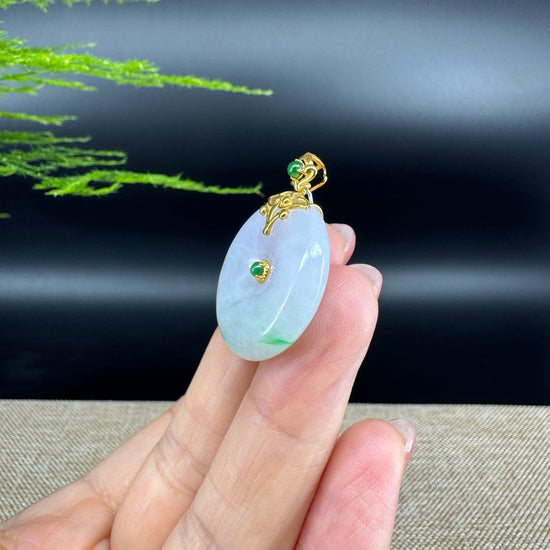"Good Luck Button" Lavender Green Jadeite Jade Lucky KouKou Pendant With 18K Yellow Gold  Bail