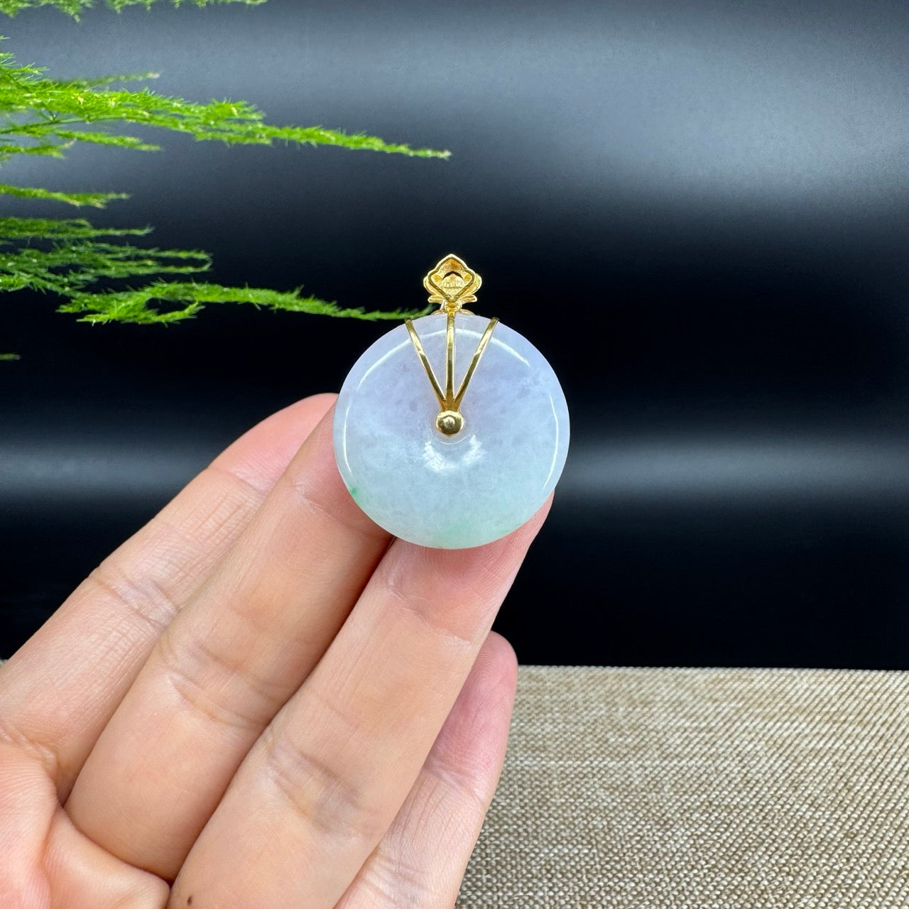 "Good Luck Button" Lavender Green Jadeite Jade Lucky KouKou Pendant With 18K Yellow Gold  Bail