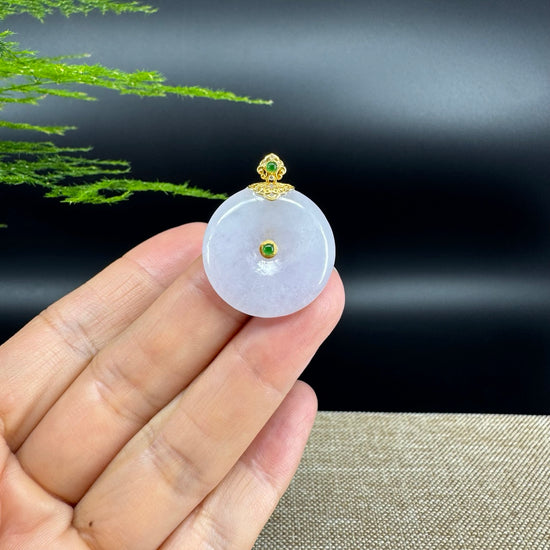 "Good Luck Button" Lavender Jadeite Jade Lucky KouKou Pendant With 18K Yellow Gold  Bail
