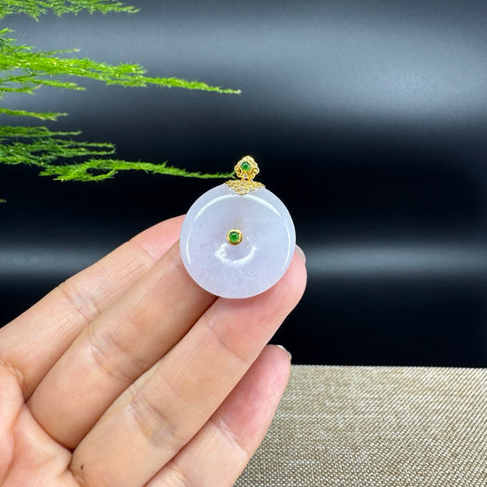 "Good Luck Button" Lavender Jadeite Jade Lucky KouKou Pendant With 18K Yellow Gold  Bail