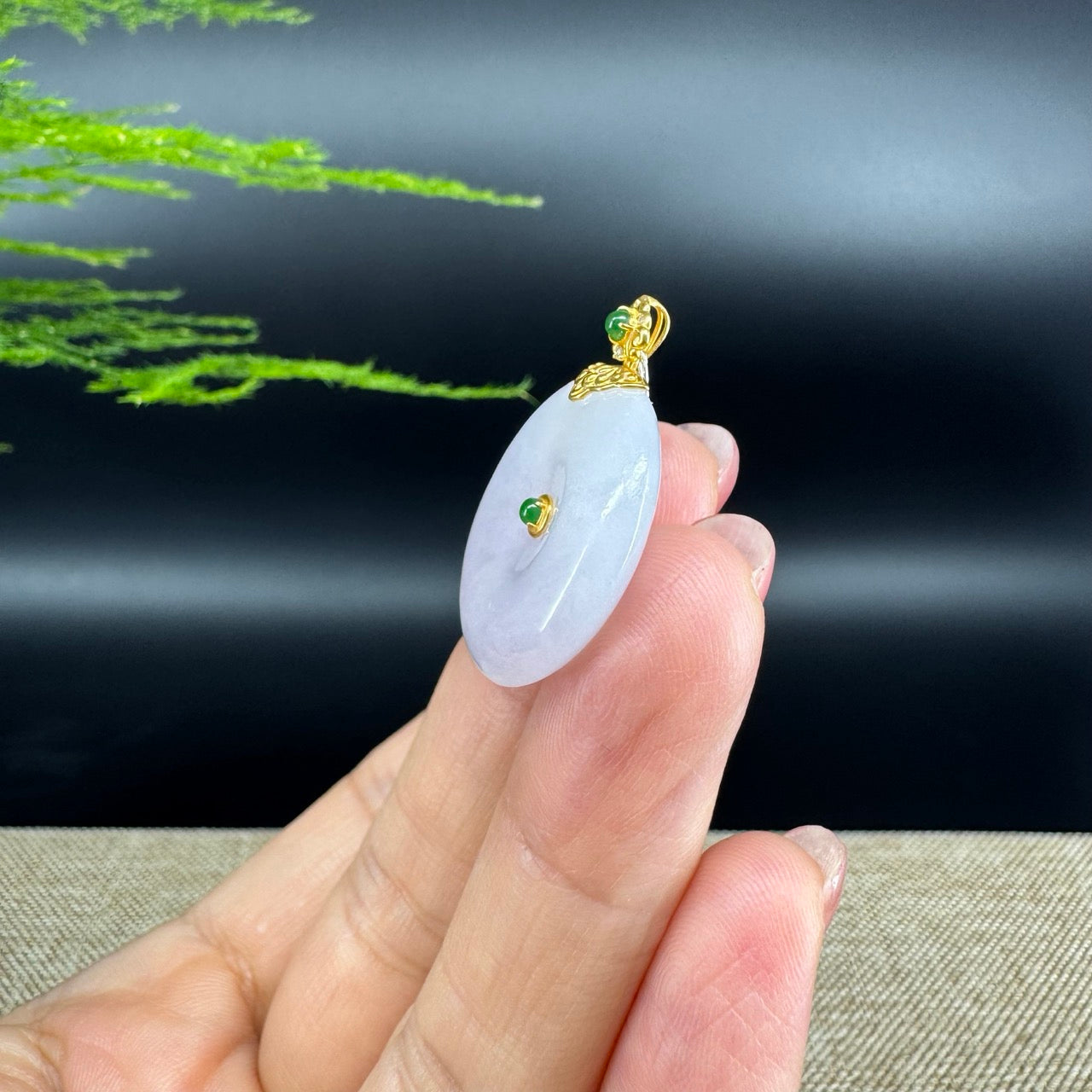 "Good Luck Button" Lavender Jadeite Jade Lucky KouKou Pendant With 18K Yellow Gold  Bail