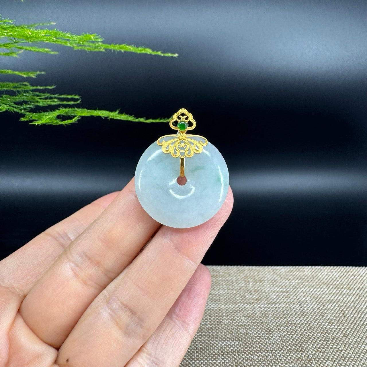 "Good Luck Button" Green Jadeite Jade Lucky KouKou Pendant With 18K Yellow Gold