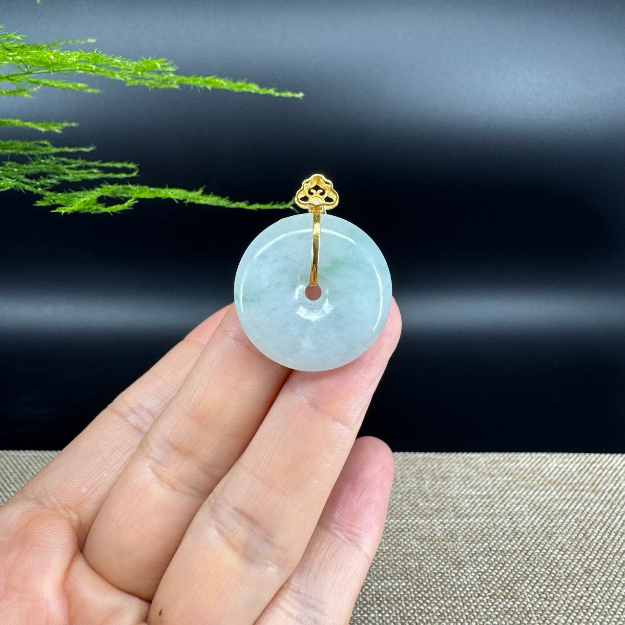 "Good Luck Button" Green Jadeite Jade Lucky KouKou Pendant With 18K Yellow Gold