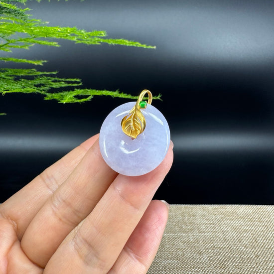 "Good Luck Button" Lavender Jadeite Jade Lucky KouKou Pendant With 18K Yellow Gold Bail