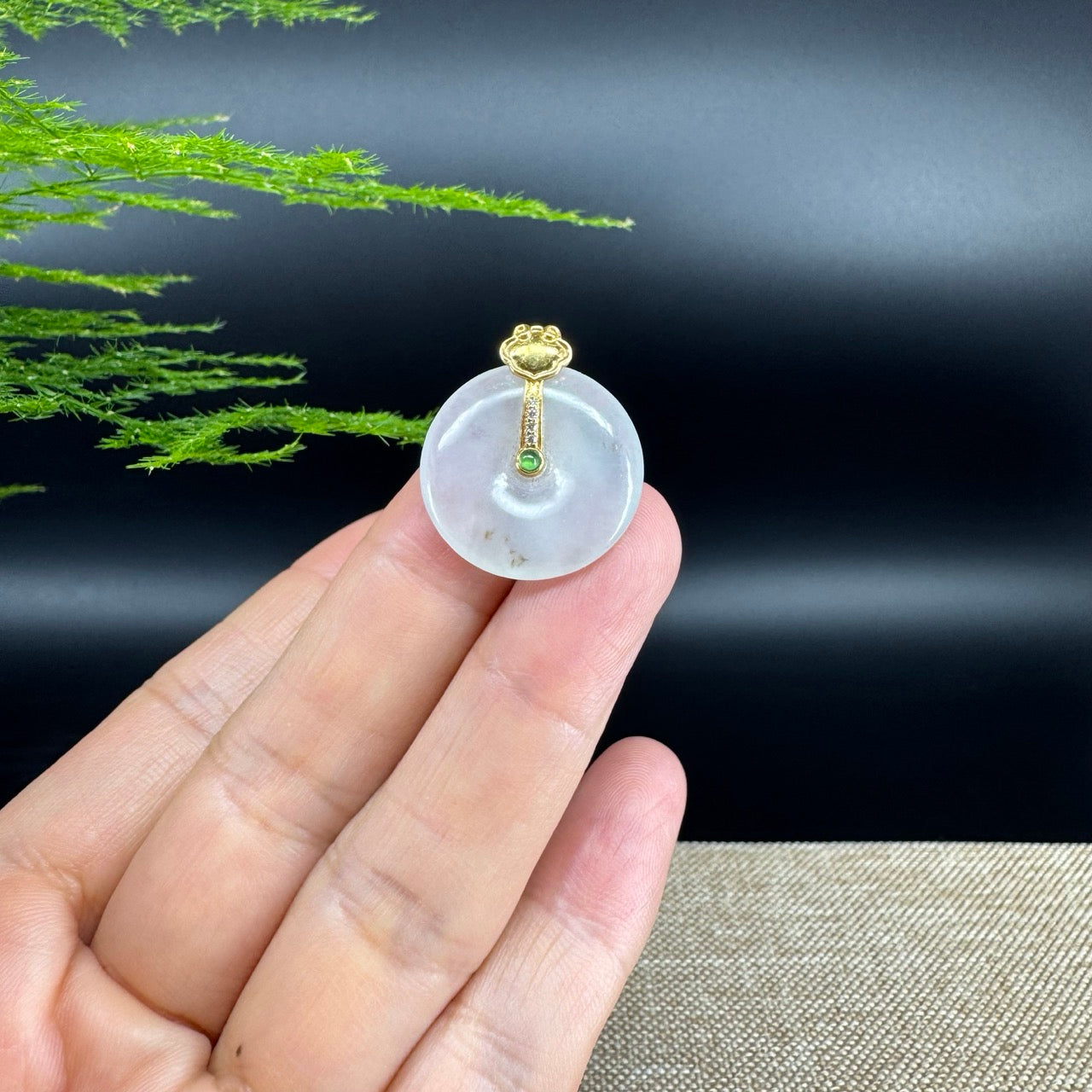 "Good Luck Button" Icy Jadeite Jade Lucky KouKou Pendant With 18K Yellow Gold Bail