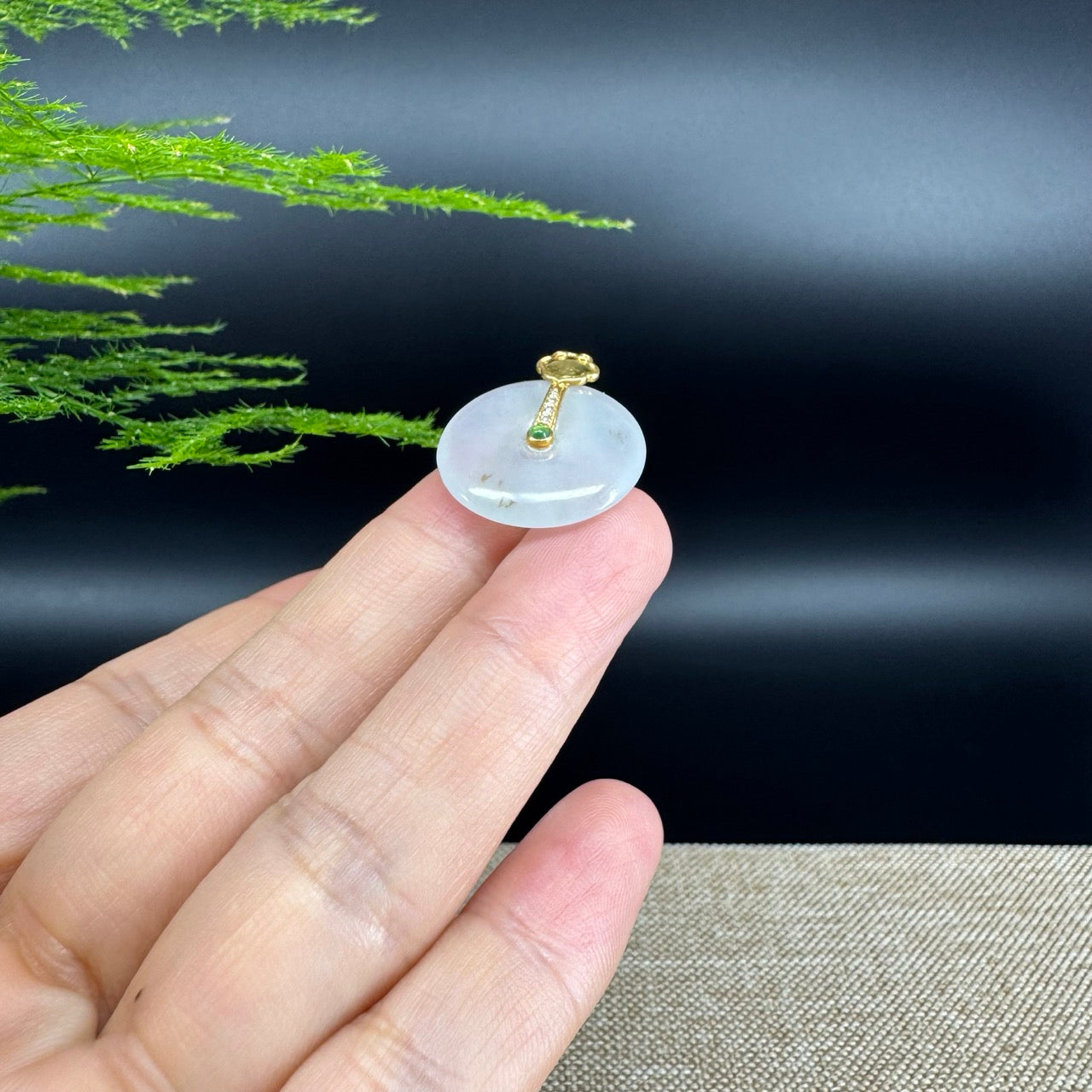 "Good Luck Button" Icy Jadeite Jade Lucky KouKou Pendant With 18K Yellow Gold Bail