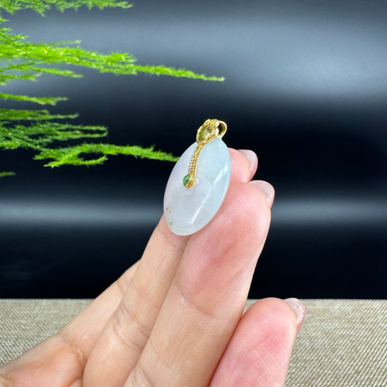 "Good Luck Button" Icy Jadeite Jade Lucky KouKou Pendant With 18K Yellow Gold Bail