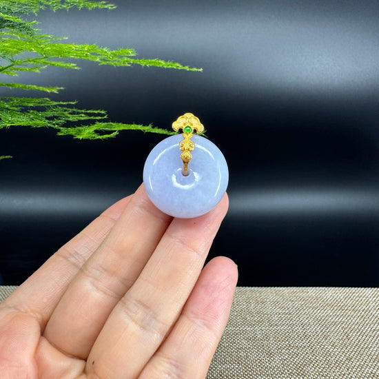 "Good Luck Button" Lavender Jadeite Jade Lucky KouKou Pendant With 18K Yellow Gold Bail