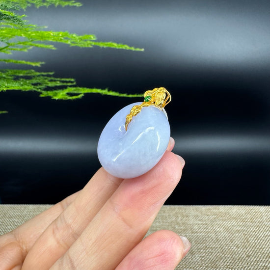 "Good Luck Button" Lavender Jadeite Jade Lucky KouKou Pendant With 18K Yellow Gold Bail