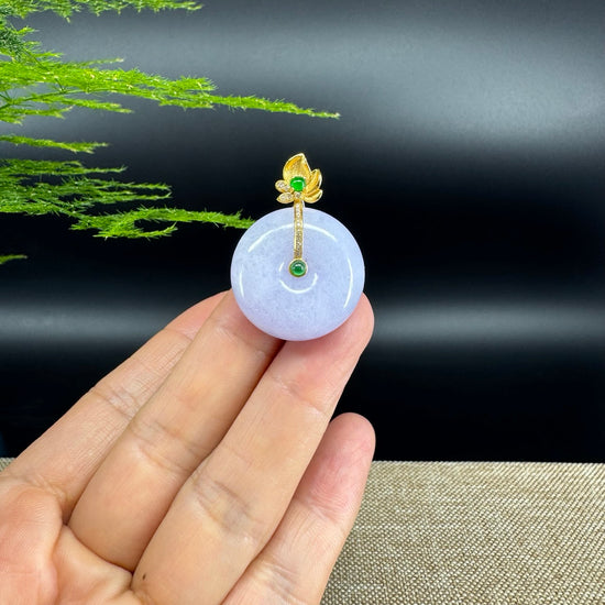 "Good Luck Button" Lavender Jadeite Jade Lucky KouKou Pendant With 18K Yellow Gold Bail