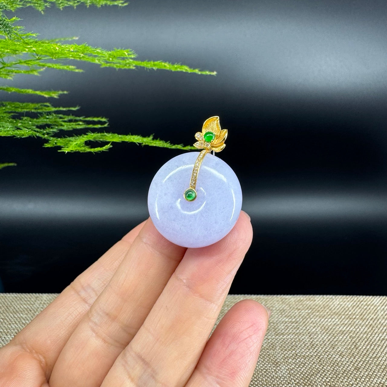 "Good Luck Button" Lavender Jadeite Jade Lucky KouKou Pendant With 18K Yellow Gold Bail