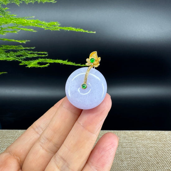 "Good Luck Button" Lavender Jadeite Jade Lucky KouKou Pendant With 18K Yellow Gold Bail