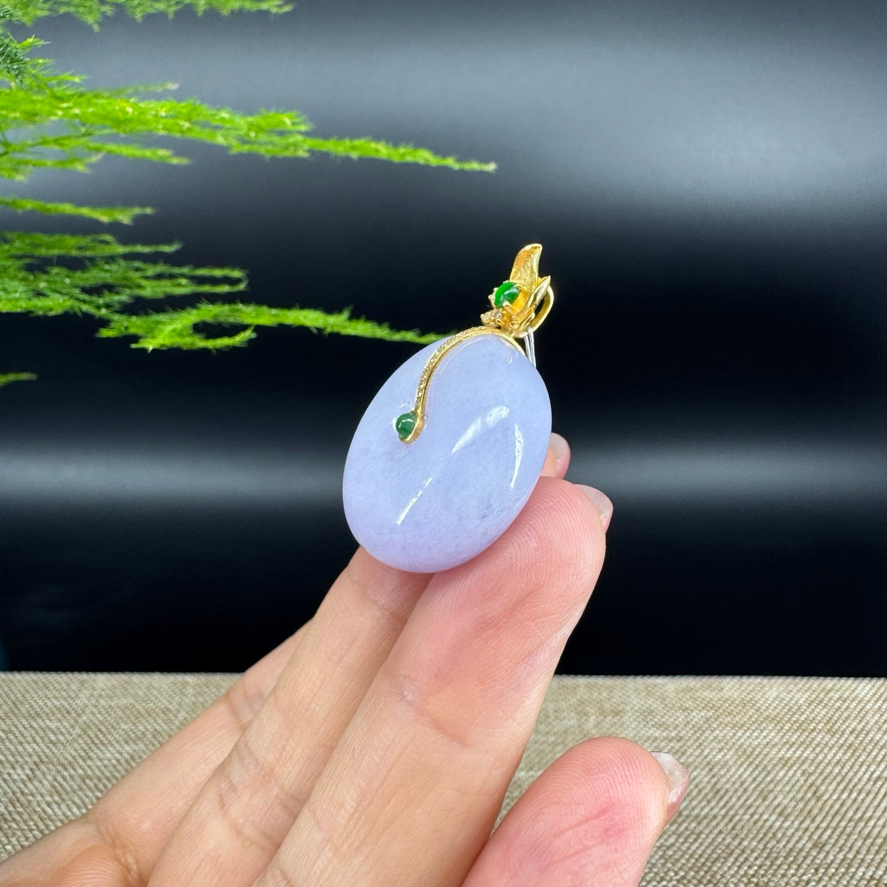 "Good Luck Button" Lavender Jadeite Jade Lucky KouKou Pendant With 18K Yellow Gold Bail