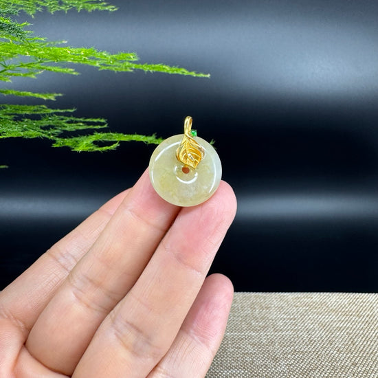 "Good Luck Button" Yellow Jadeite Jade Lucky KouKou Pendant With 18K Yellow Gold Bail