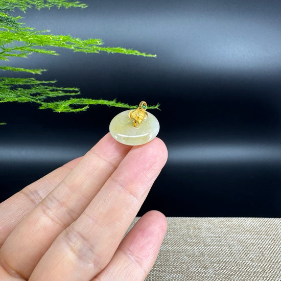 "Good Luck Button" Yellow Jadeite Jade Lucky KouKou Pendant With 18K Yellow Gold Bail