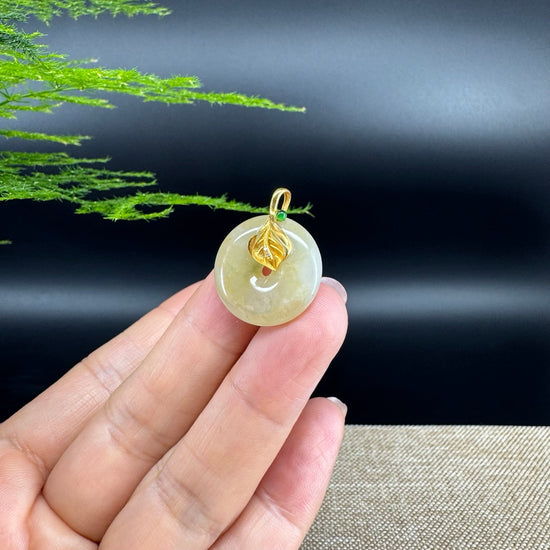 "Good Luck Button" Yellow Jadeite Jade Lucky KouKou Pendant With 18K Yellow Gold Bail