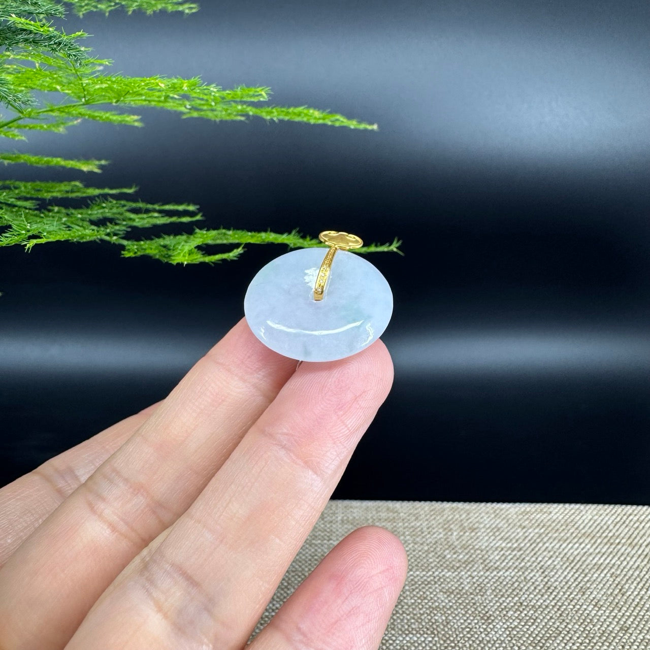 "Good Luck Button" Ice Jadeite Jade Lucky KouKou Pendant With 18K Yellow Gold Bail