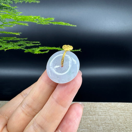 "Good Luck Button" Ice Jadeite Jade Lucky KouKou Pendant With 18K Yellow Gold Bail