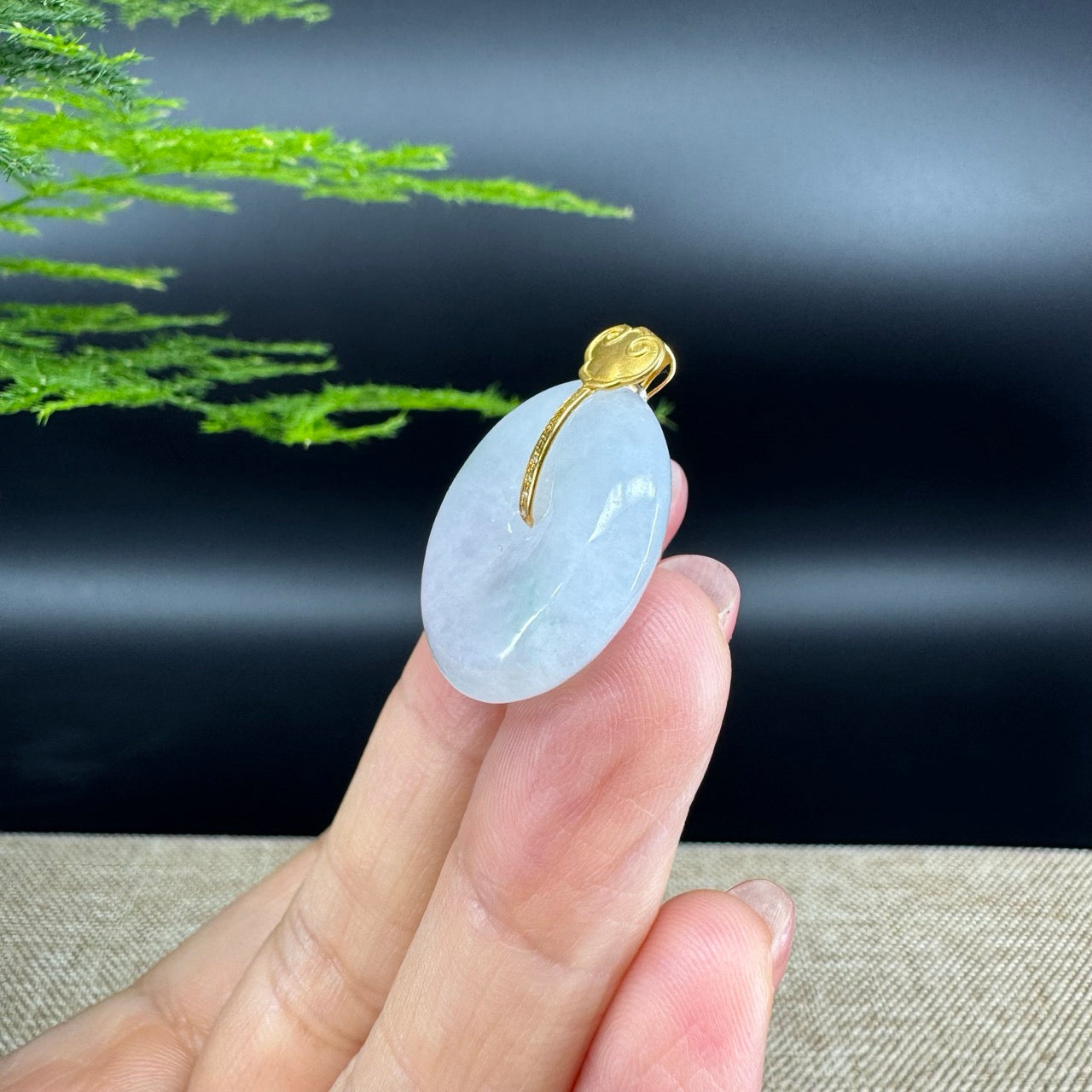 "Good Luck Button" Ice Jadeite Jade Lucky KouKou Pendant With 18K Yellow Gold Bail